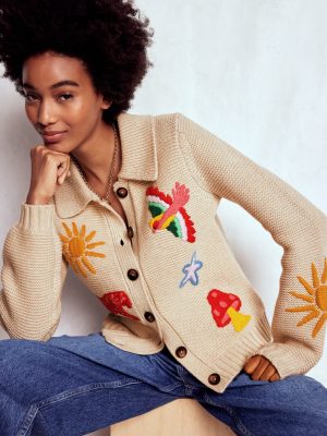 Embroidered Collared Cardigan-Ecru Marl