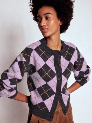 Abi Jacquard Cardigan-Lilac. Charcoal Melange Argyle