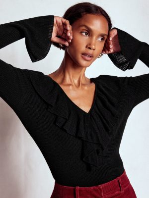 Ruffled Rib Henley Jumper-Black