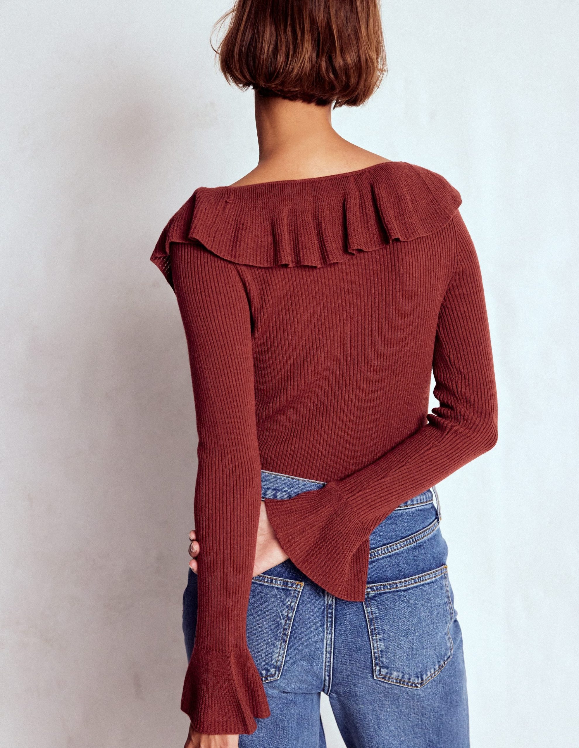 Ruffled Rib Henley Jumper-Chestnut - Image 3