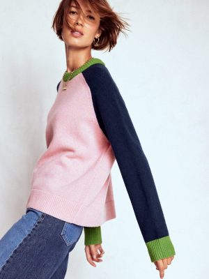 Marion Merino Jumper-French Pink. Navy Colour Block