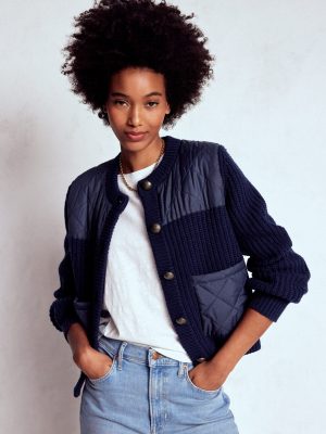Short Quilted Knitted Jacket-Navy