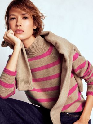 Marion Merino High Neck Jumper-Camel. Brilliant Pink Stripe