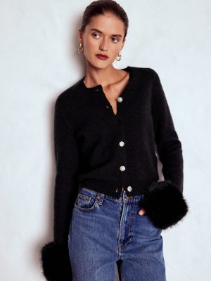 Fur Trim Cardigan-Black
