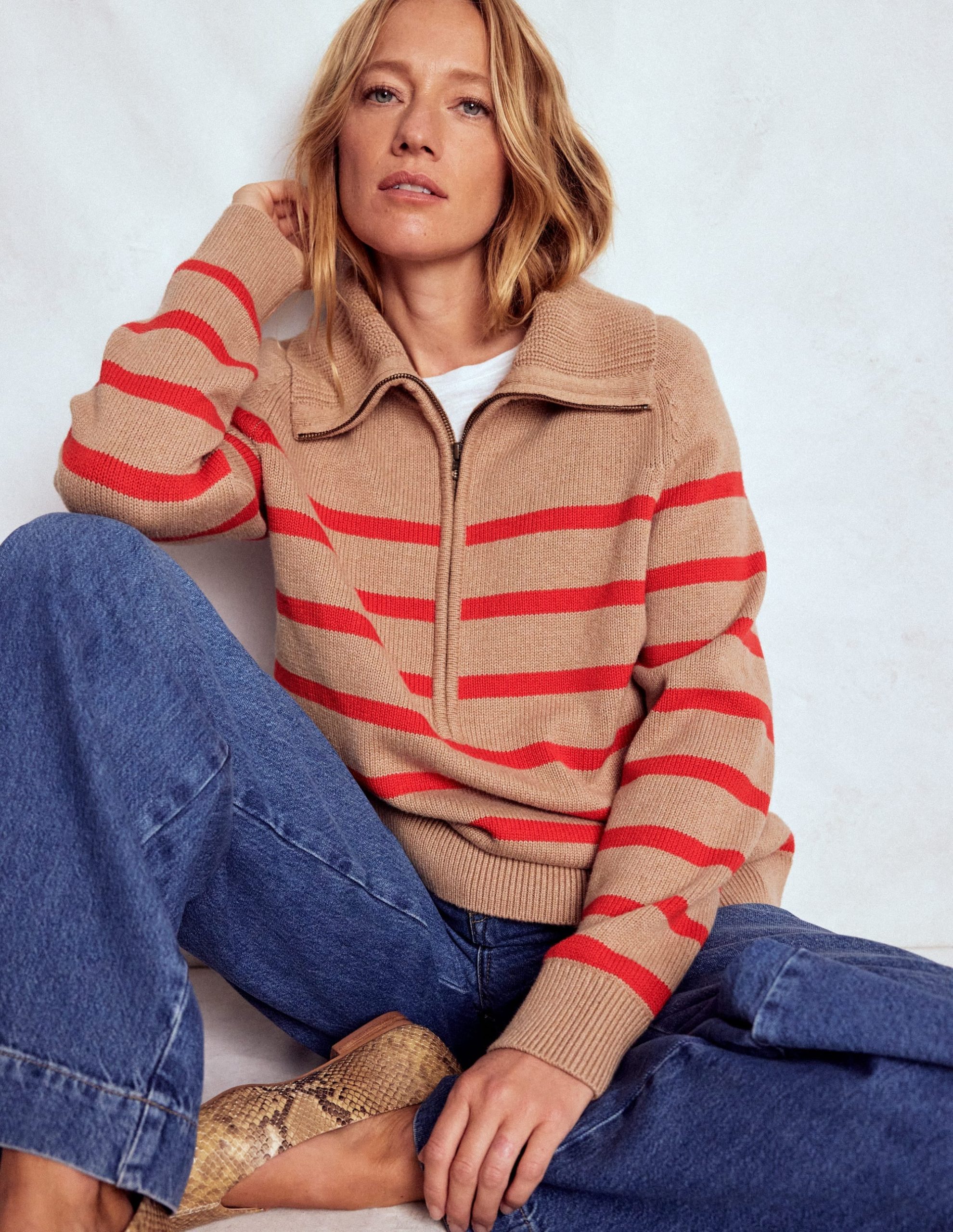 Lucy Half-zip Jumper-Camel Melange. Red Stripe - Image 2