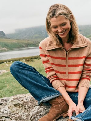 Lucy Half-zip Jumper-Camel Melange. Red Stripe