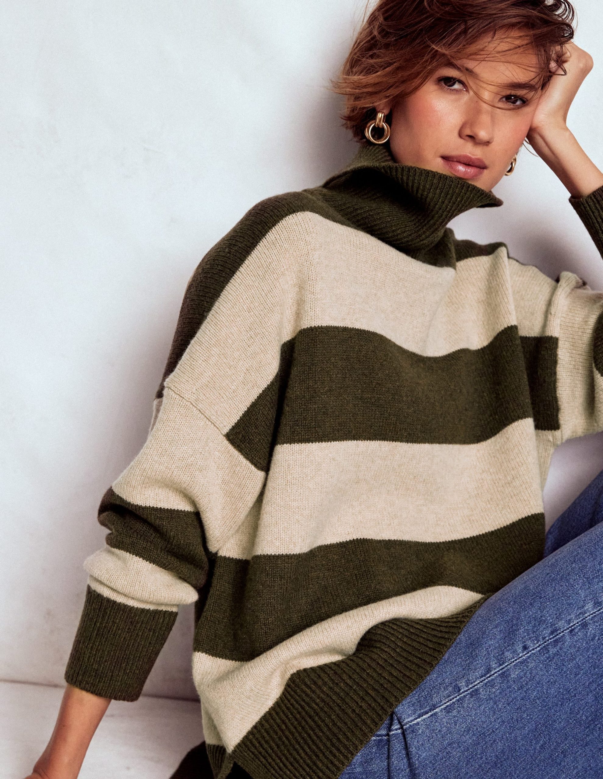 Polly Merino Roll Neck Jumper-Marsh. Linen Stripe