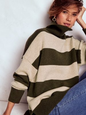 Polly Merino Roll Neck Sweater-Marsh. Linen Stripe