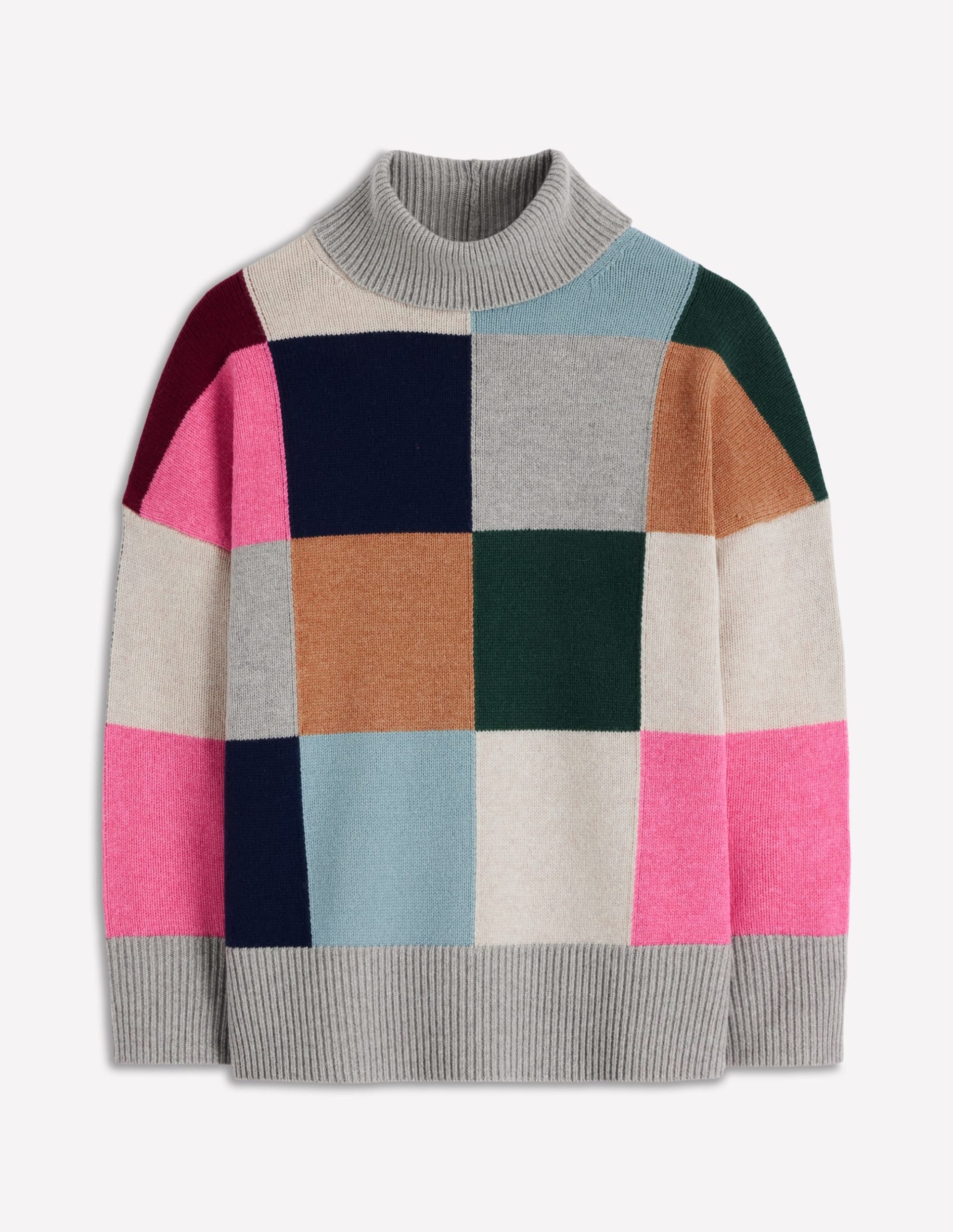 Polly Merino Roll Neck Jumper-Grey Marl Check - Image 7