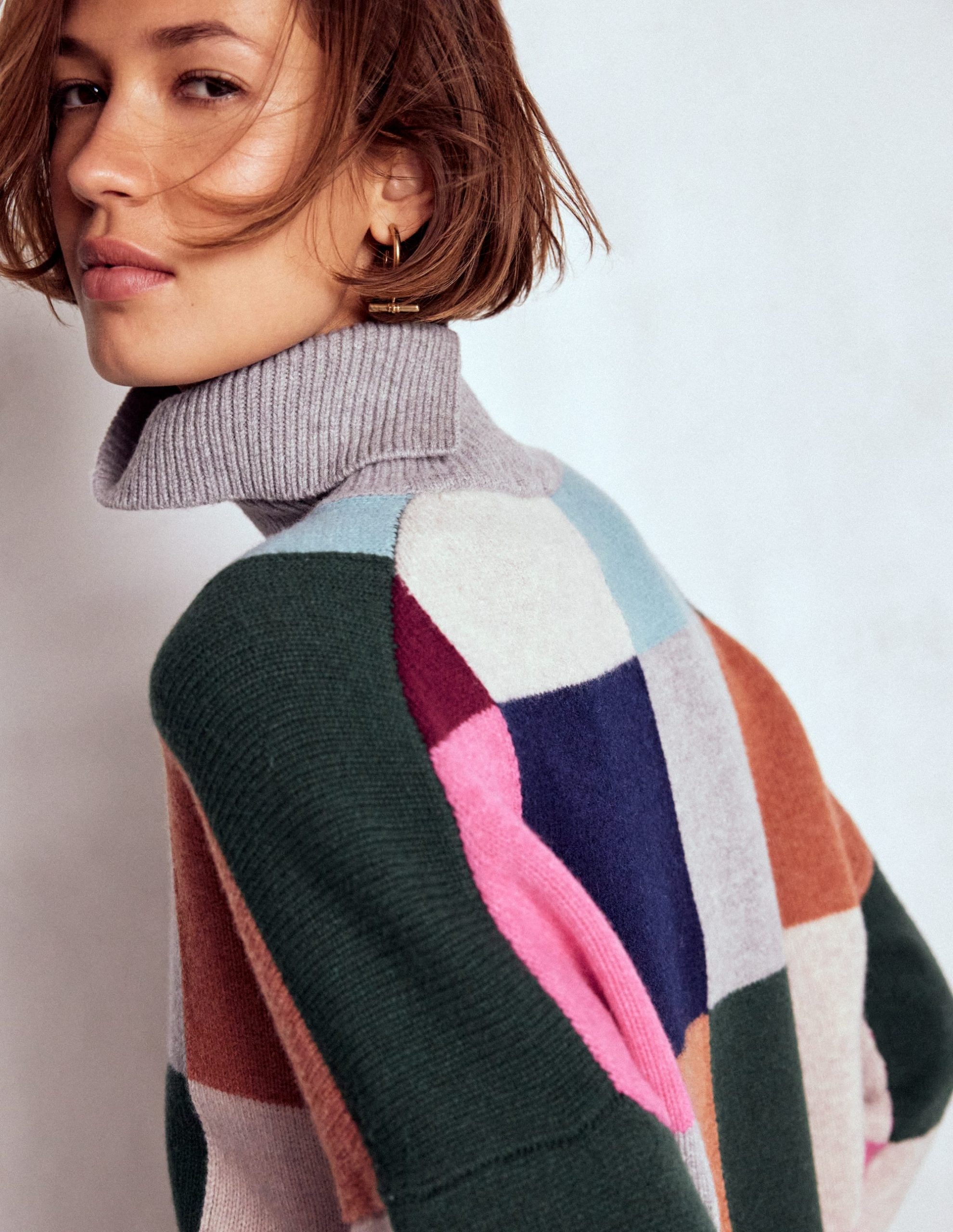 Polly Merino Roll Neck Jumper-Grey Marl Check - Image 2