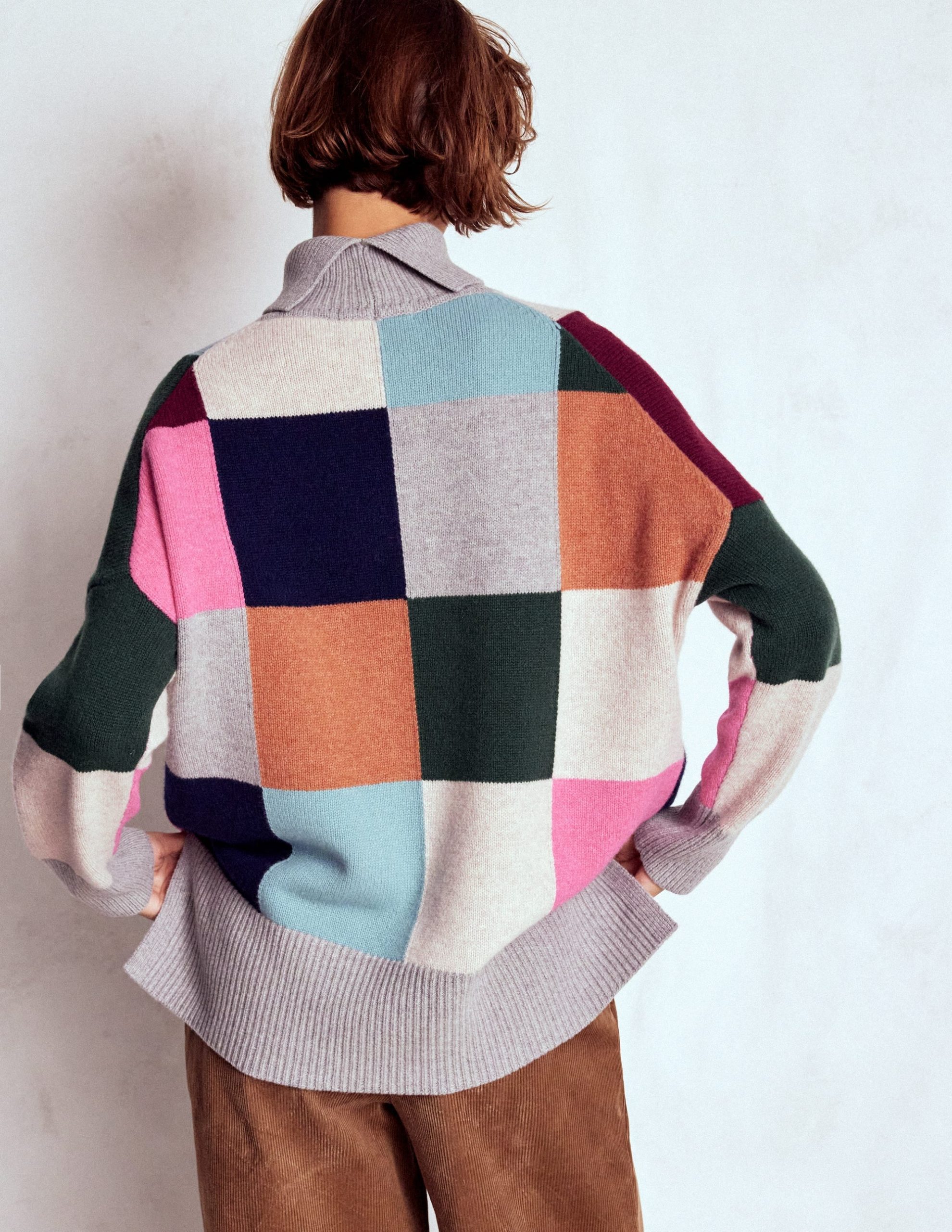 Polly Merino Roll Neck Jumper-Grey Marl Check - Image 3