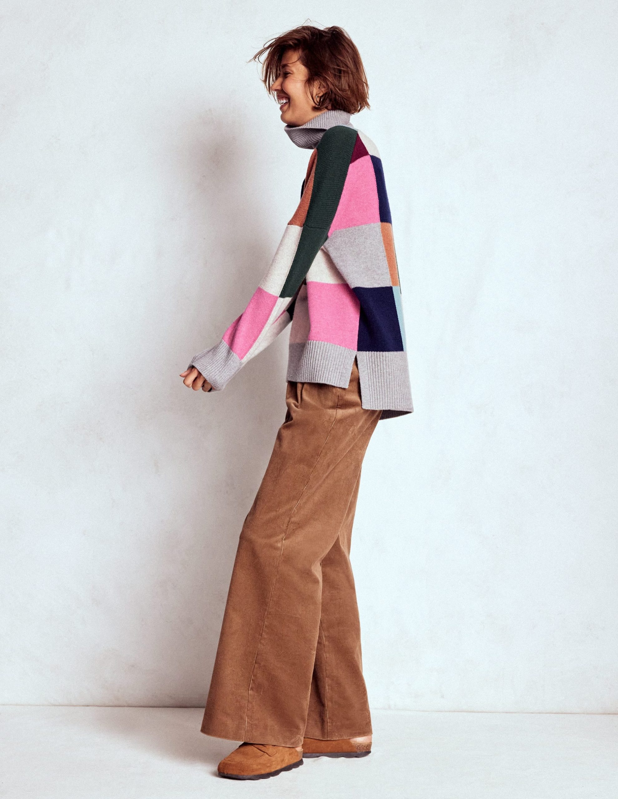 Polly Merino Roll Neck Jumper-Grey Marl Check - Image 5