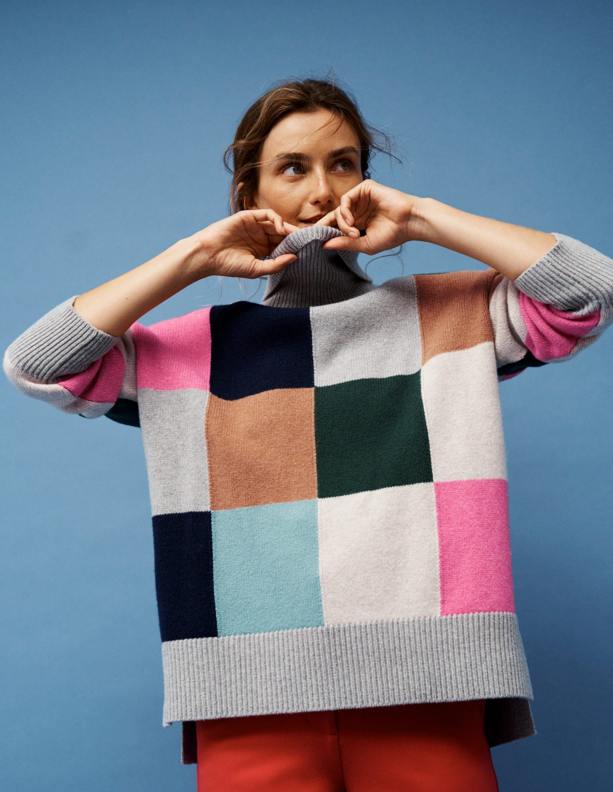 Polly Merino Roll Neck Jumper-Grey Marl Check - Image 6