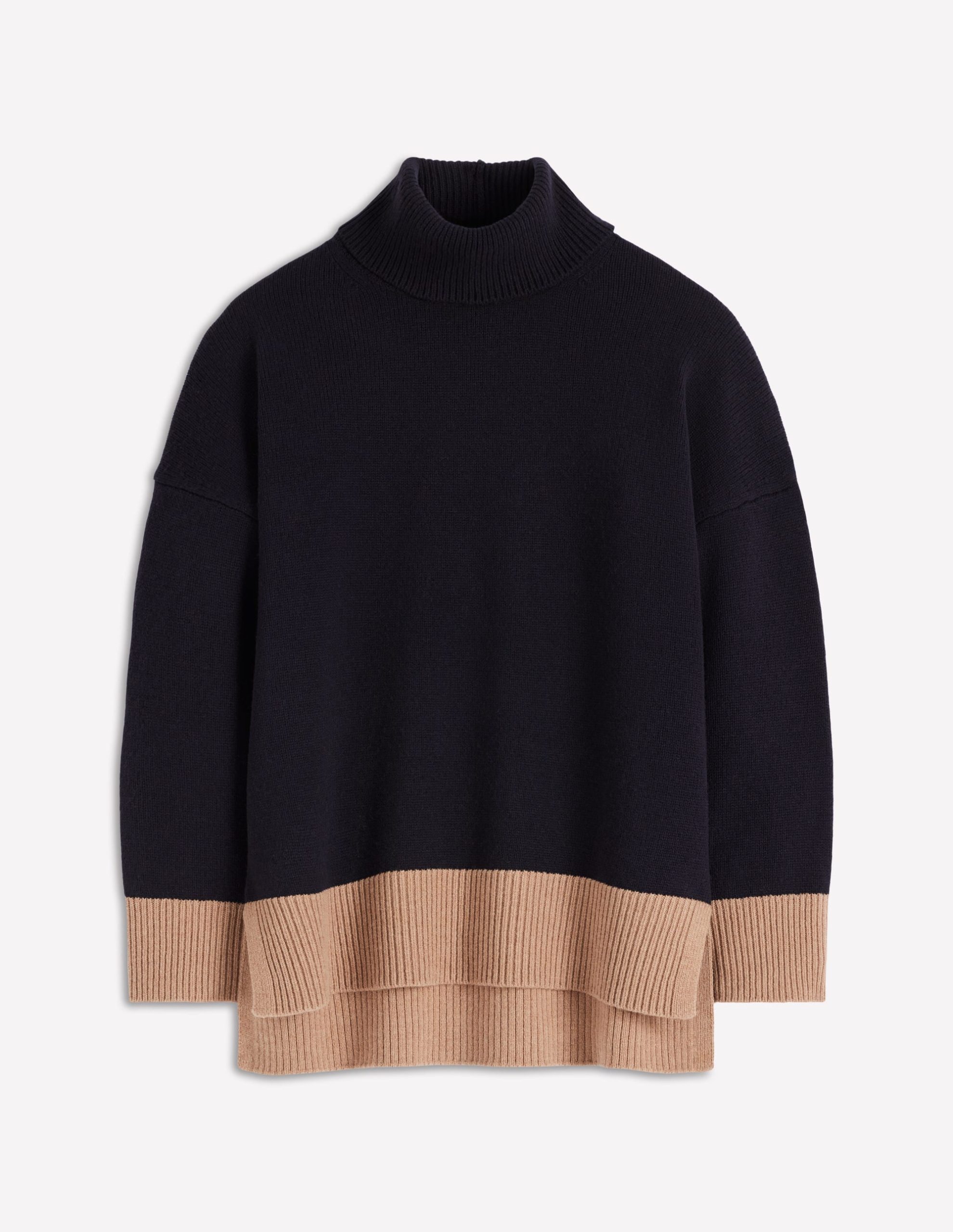 Polly Merino Roll Neck Jumper-Navy. Warm Taupe Colour Block - Image 7