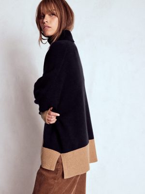 Polly Merino Roll Neck Jumper-Navy. Warm Taupe Colour Block