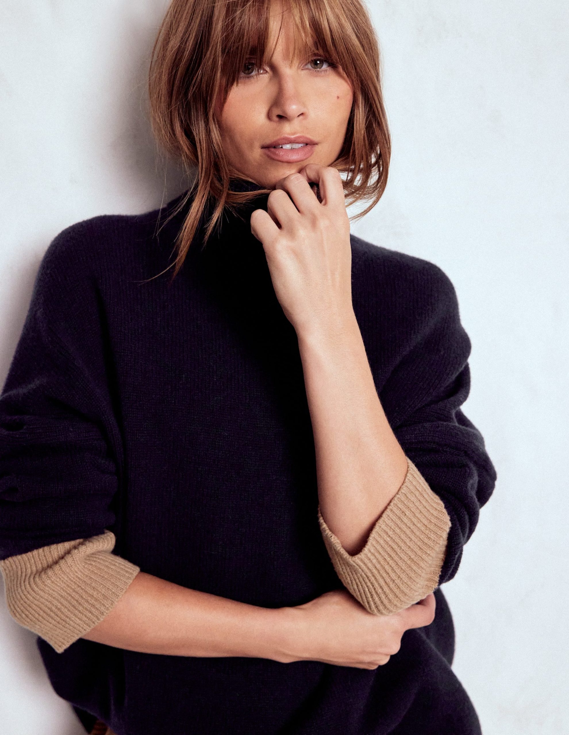 Polly Merino Roll Neck Jumper-Navy. Warm Taupe Colour Block - Image 2