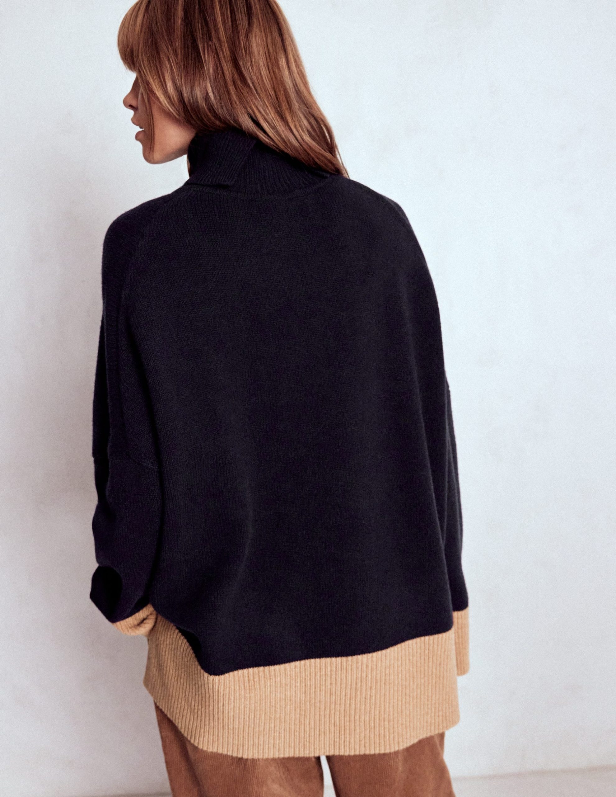 Polly Merino Roll Neck Jumper-Navy. Warm Taupe Colour Block - Image 3