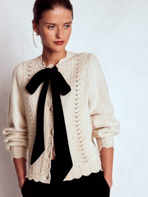 Velvet Bow Cable Cardigan-Gold Sparkle