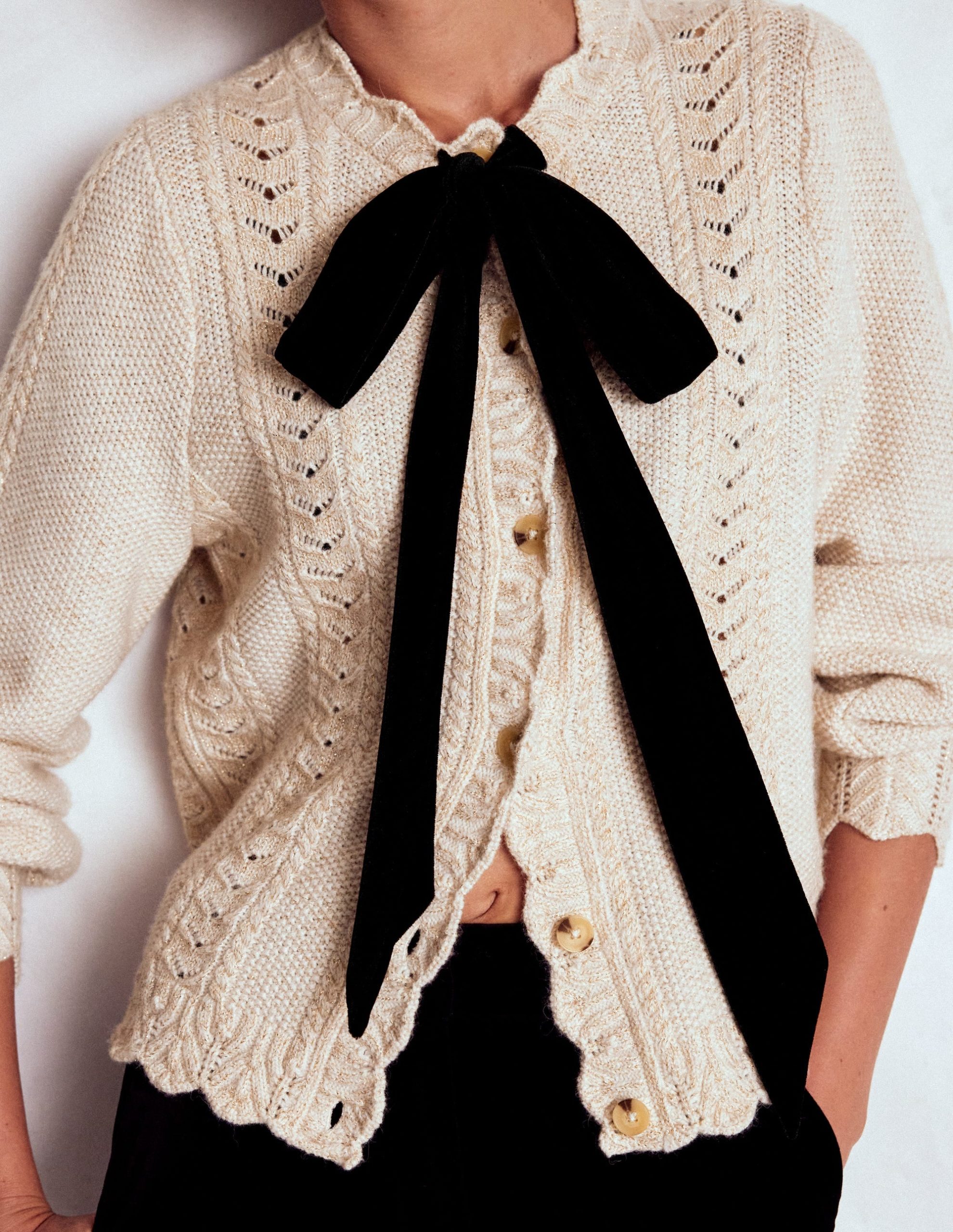 Velvet Bow Cable Cardigan-Gold Sparkle - Image 2