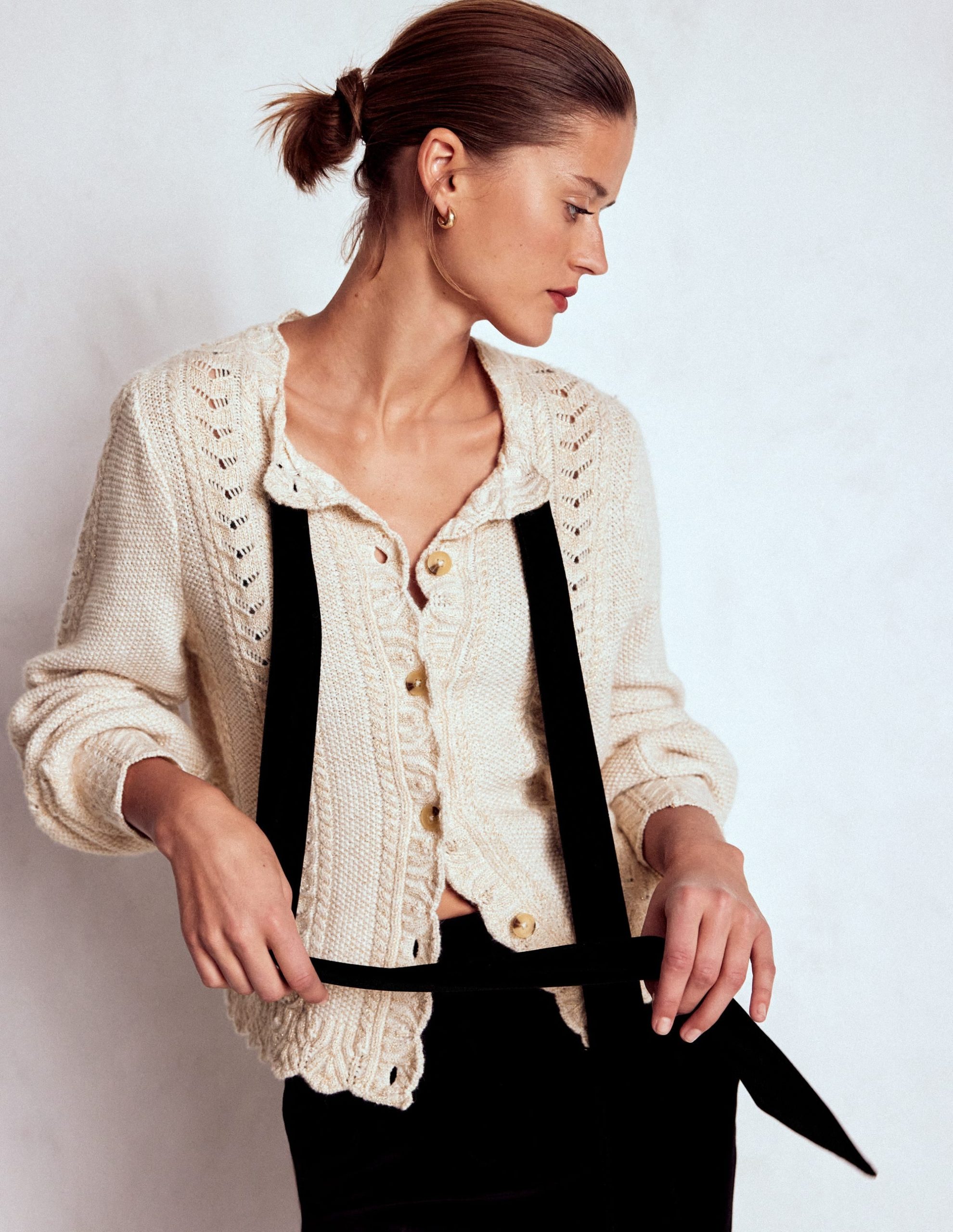 Velvet Bow Cable Cardigan-Gold Sparkle - Image 5