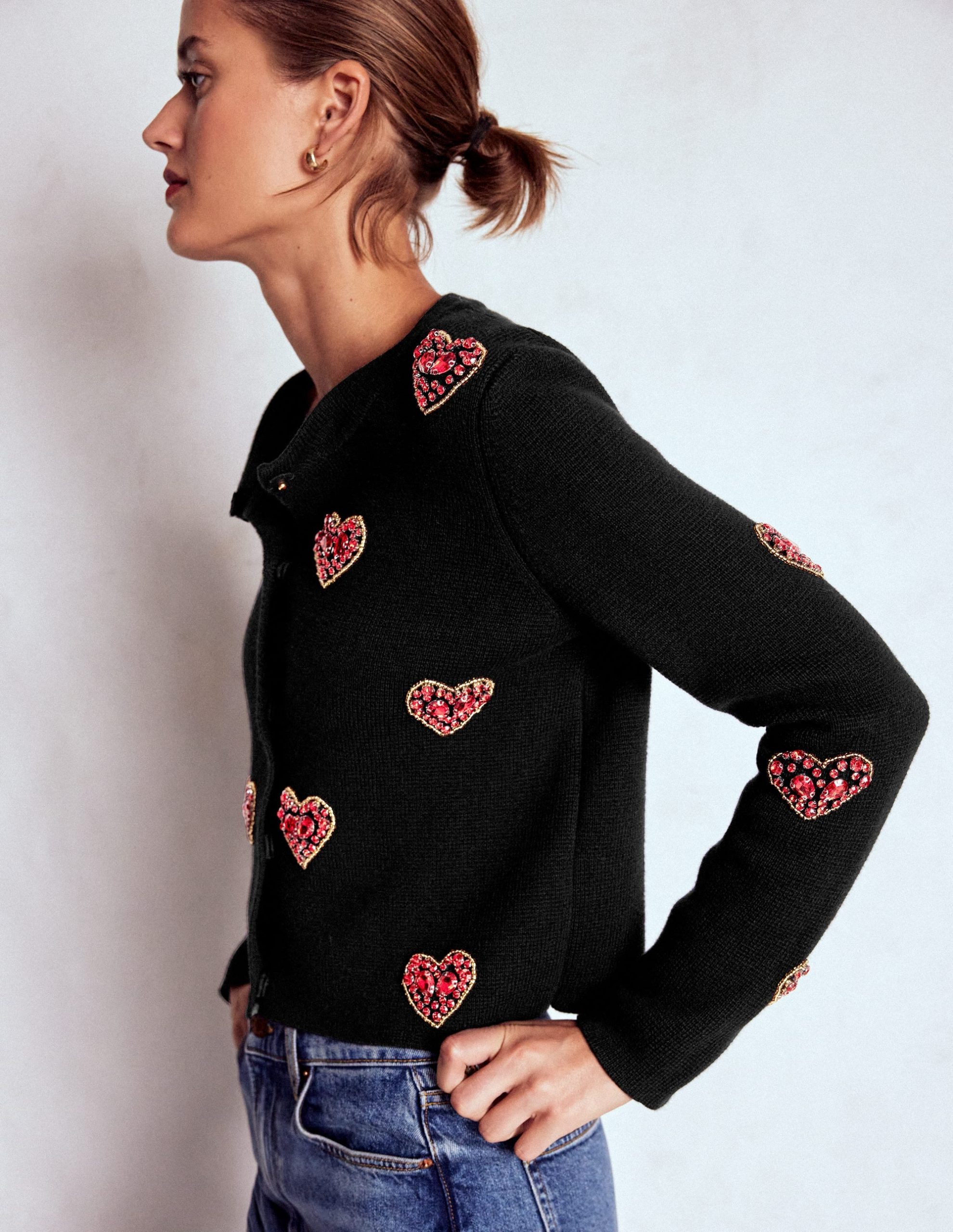 Jewelled Knitted Jacket-Black Hearts - Image 2