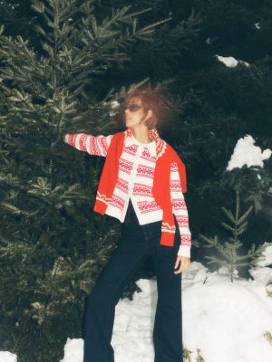 Edie Fair Isle Knitted Shirt-Warm Ivory. Red Fair Isle