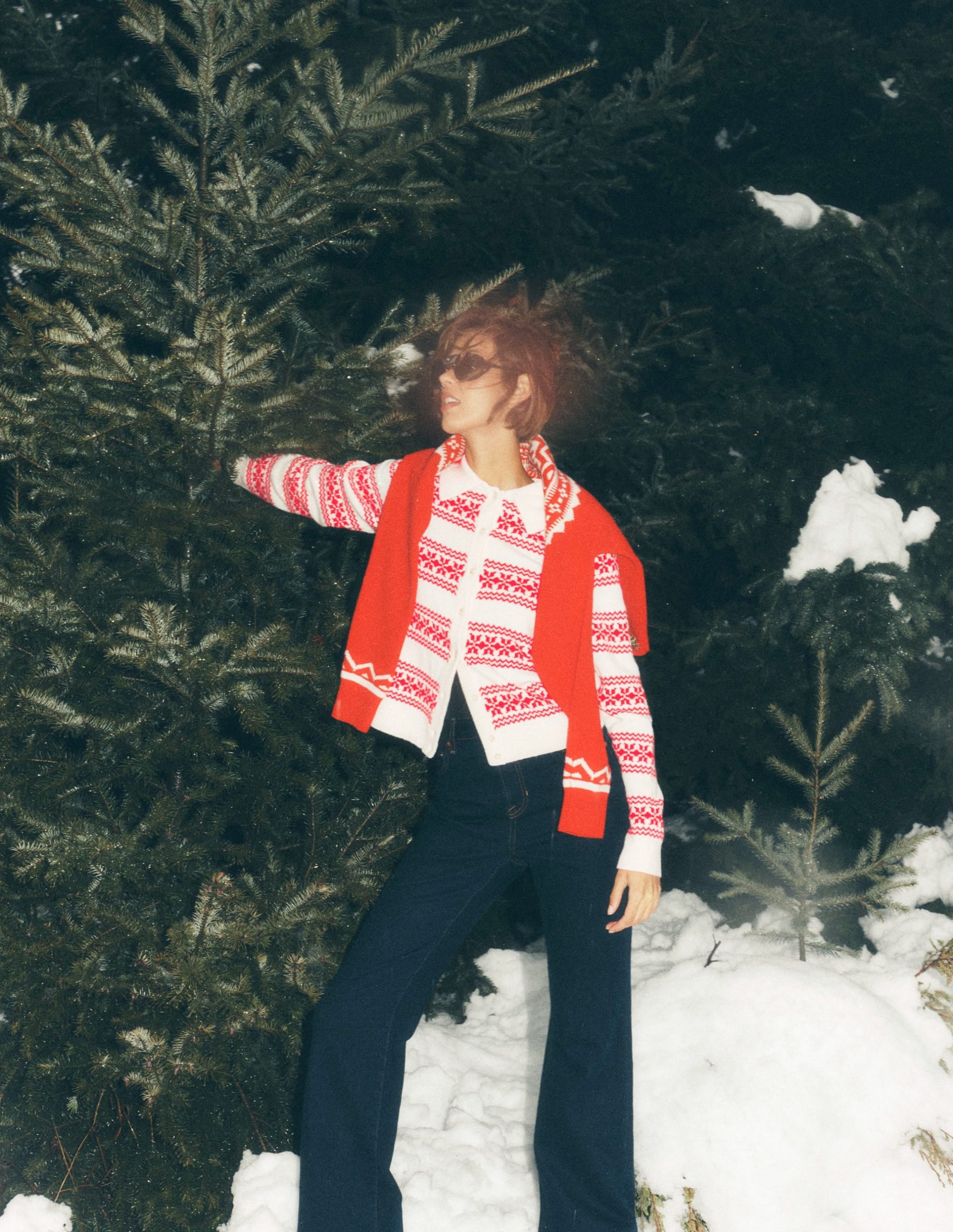 Edie Fair Isle Knitted Shirt-Warm Ivory. Red Fair Isle