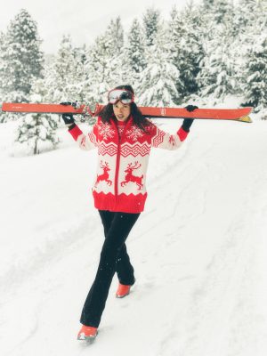 Zip Up Jacquard Cardigan-Poppy Red Reindeer