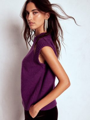 Cashmere Ribbed Trim Tank-Purple