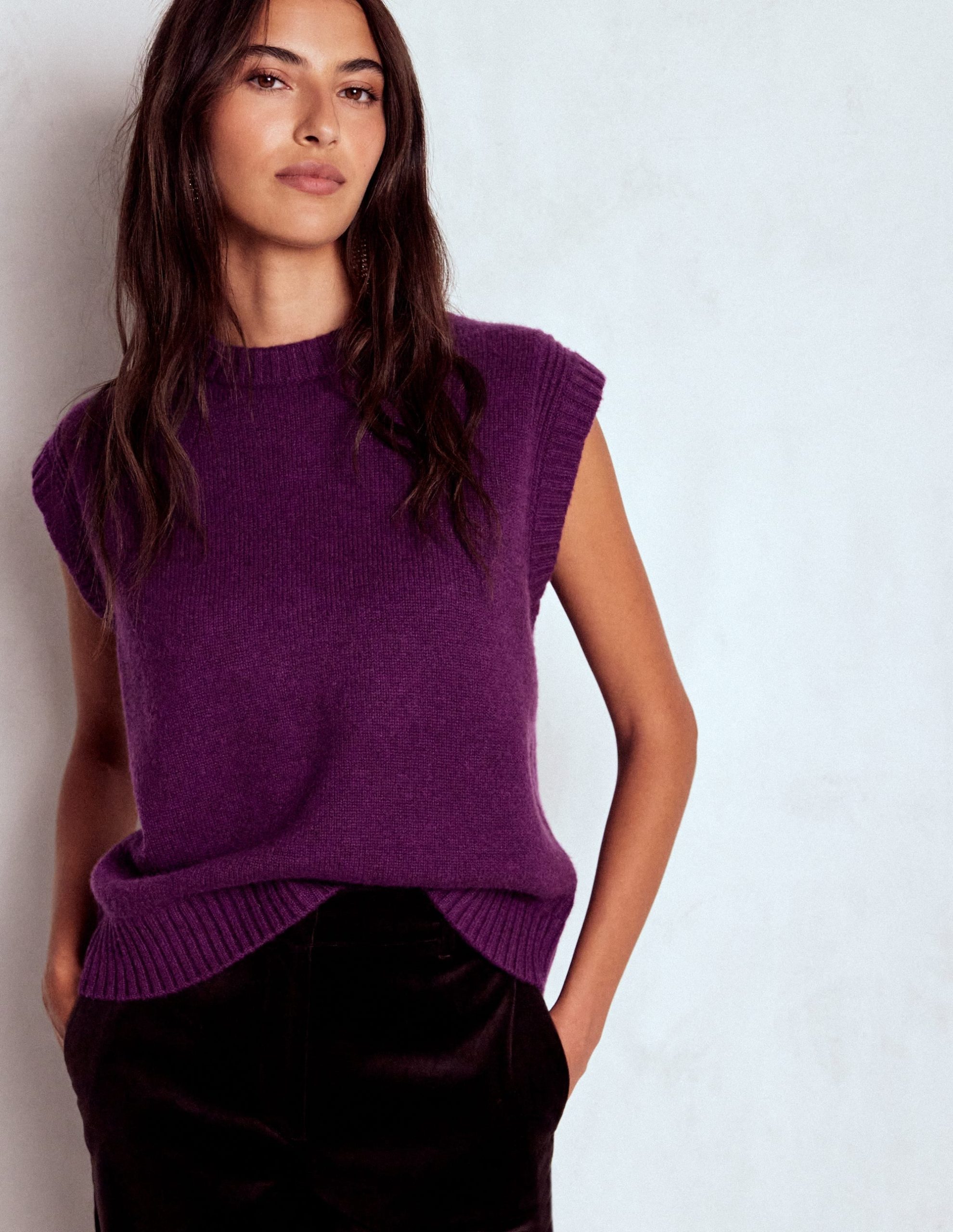 Cashmere Ribbed Trim Vest-Purple - Image 4