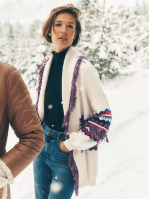 Fringed Jacquard Cardigan-Warm Ivory Melange