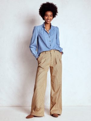 Brompton Wide Leg Trousers-Tan and Ecru Stripe