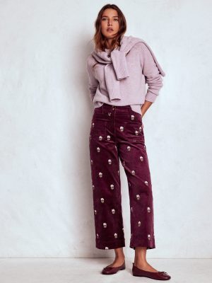 Primrose Cord Pants-Dark Cherry Embroidery