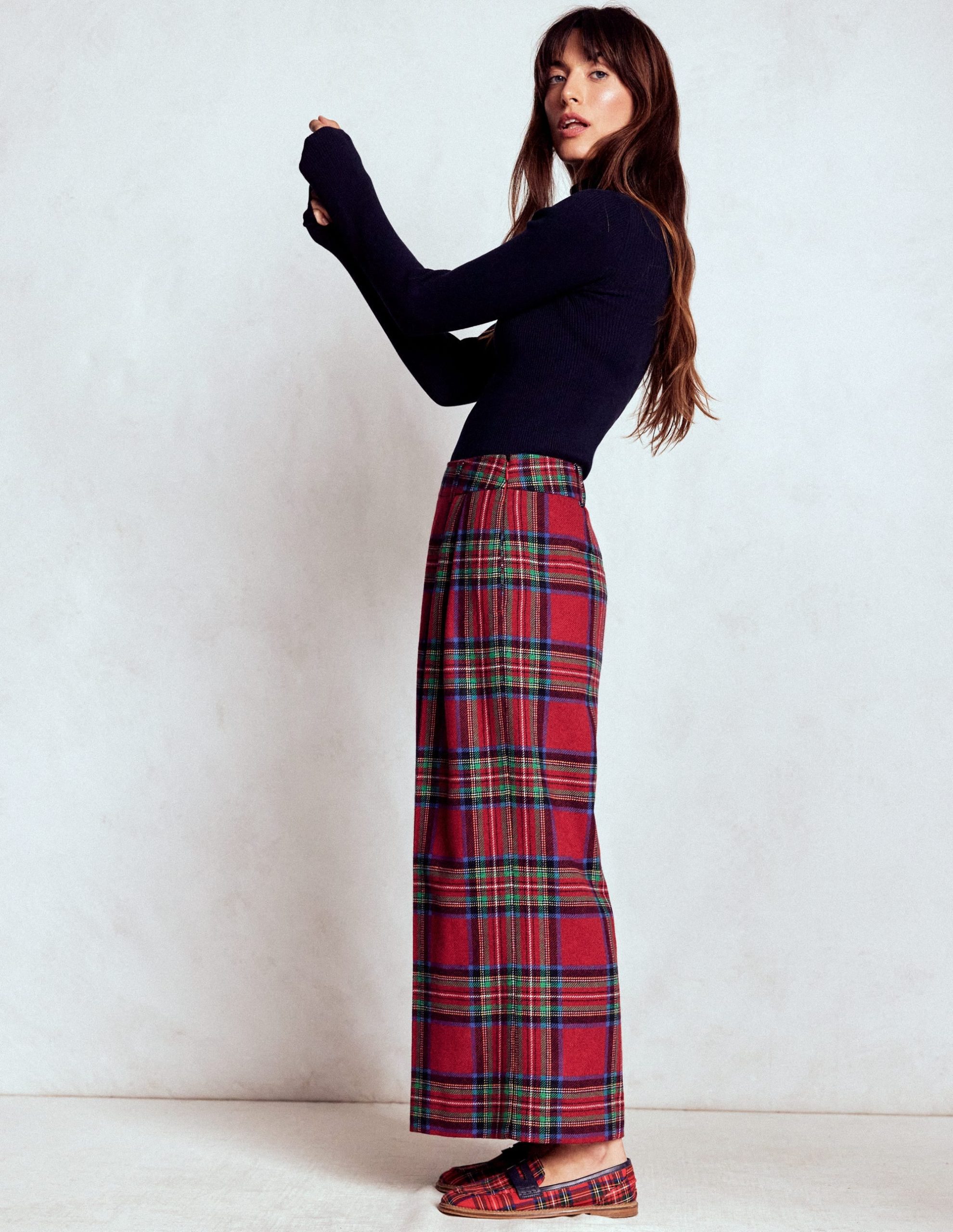 Pleated Wool Culottes-Red. Blue and Green Check