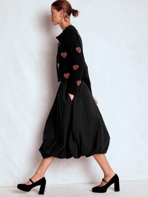 Bubble Hem Midi Skirt-Black