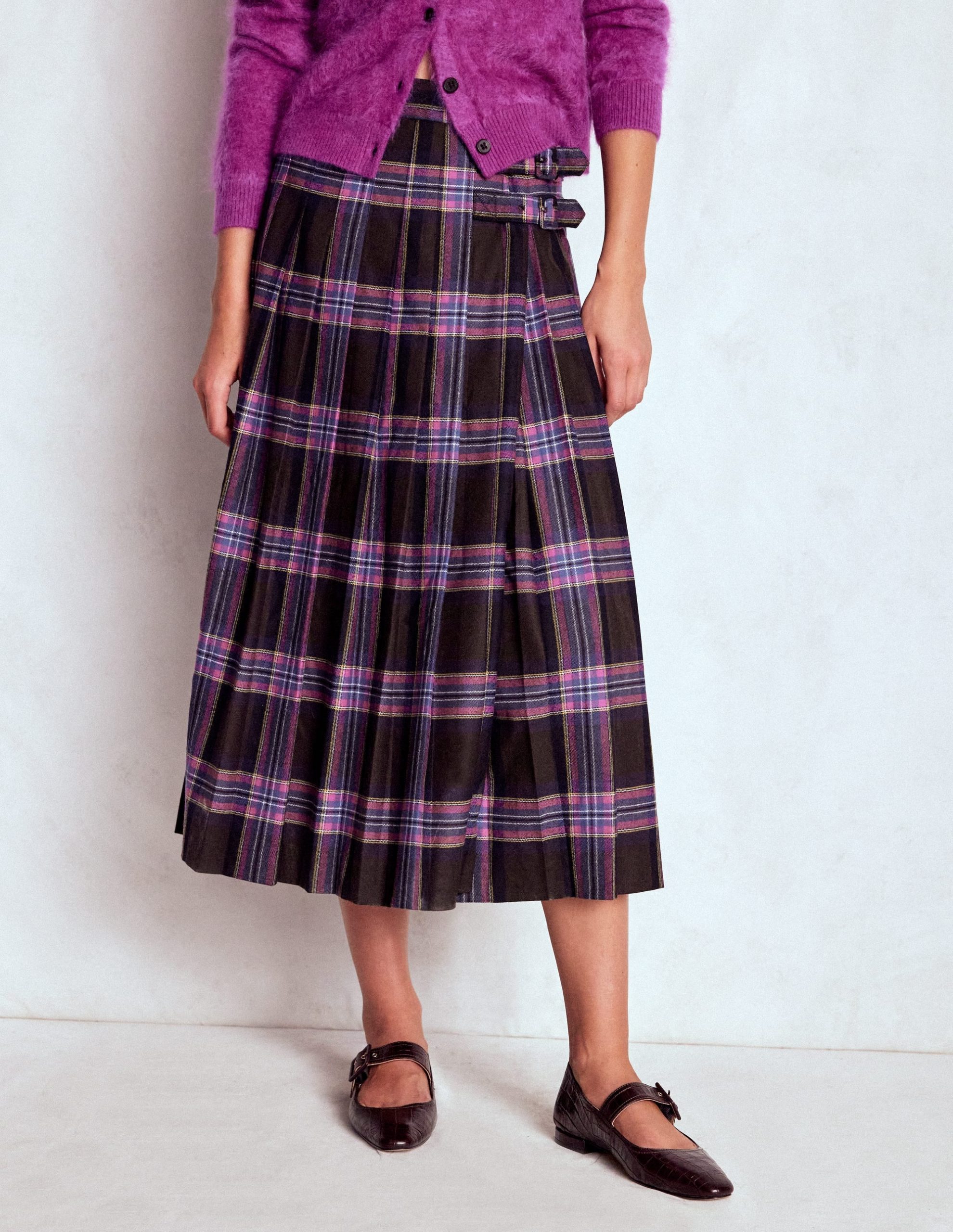 Josephine Wool Kilt Skirt-Brown. Teal & Pink Check - Image 4