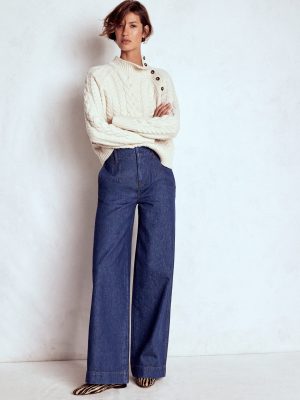 Stitch Detail Wide Leg Jeans-Indigo