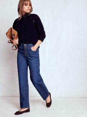 Exposed Button Straight Jeans-Indigo