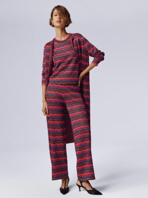 Jacquard Knitted Trousers-Jewel Toned Metallic Wave