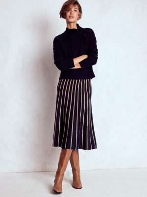 Liz Knitted Midi Skirt-Navy and Camel Stripe