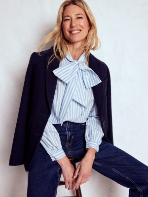 Tie Neck Top-Glacier Blue and Ivory Stripe