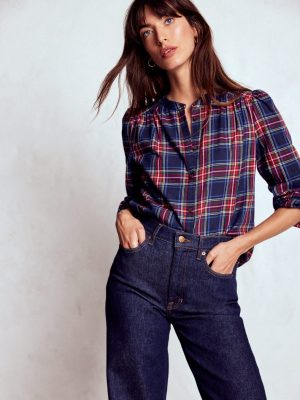 Layla Brushed Cotton Top-Navy and Red Check