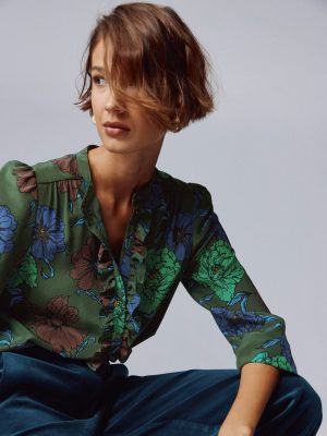 Alice Frill Front Silk Top-Green. Peony Bloom