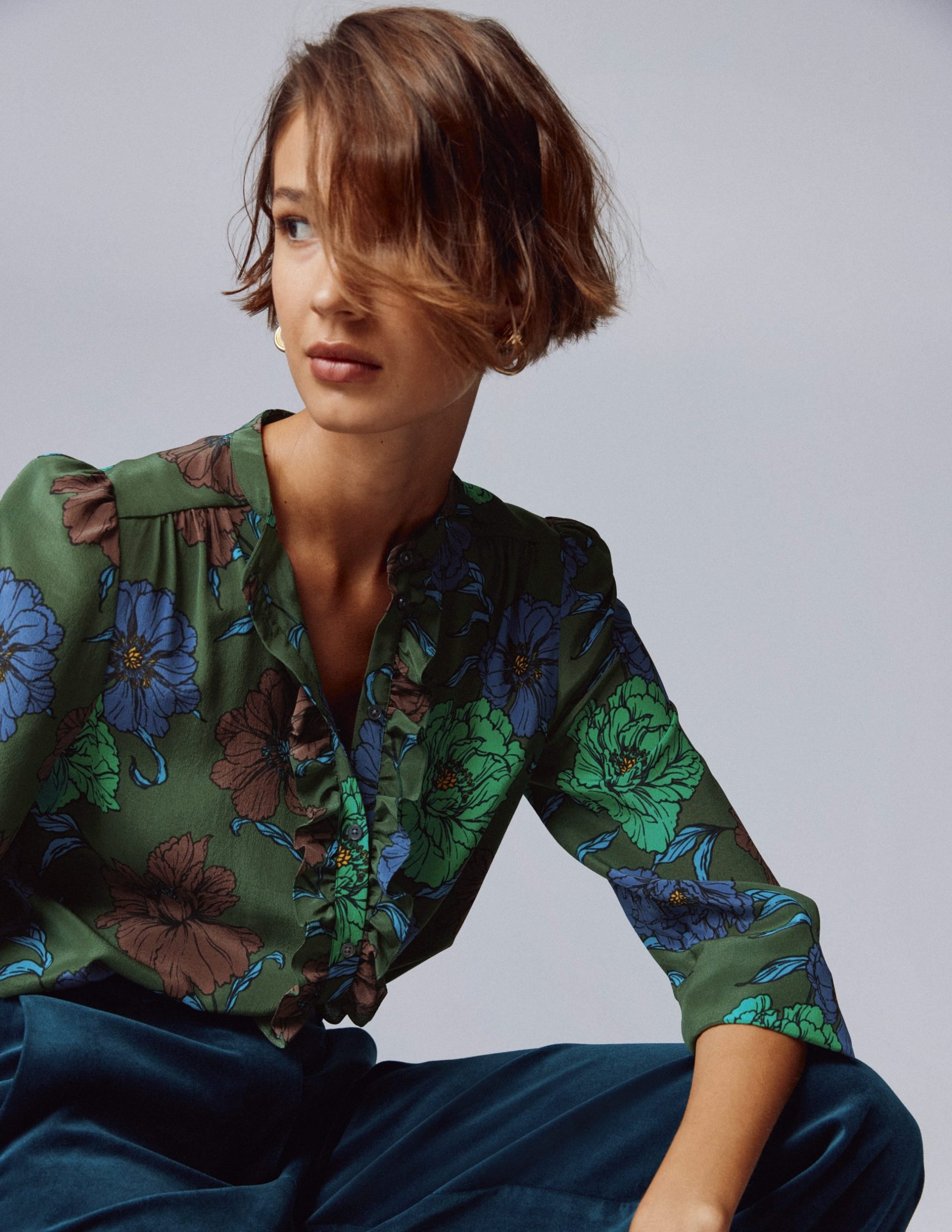 Alice Frill Front Silk Top-Green. Peony Bloom