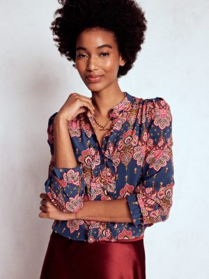 Alice Frill Front Silk Top-Navy. Embellished Paisley