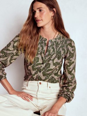 Elsa Smocked Yoke Jersey Shirt-Green. Leaping Leopard