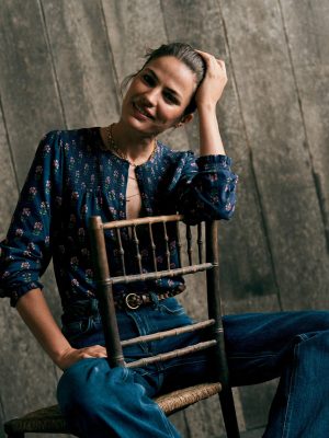 Elsa Smocked Yoke Jersey Shirt-Navy. Woodblock Flower