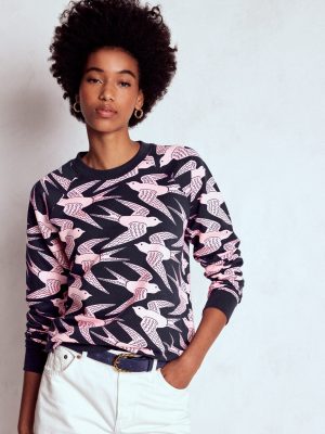 Rosa Printed Sweatshirt-Navy. Pink Swooping Swallow
