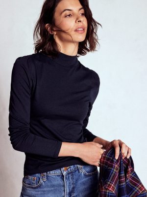 Puff Shoulder Jersey Top-Navy