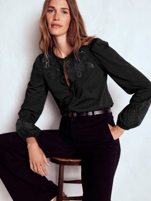 Cutwork Detail Jersey Top-Black